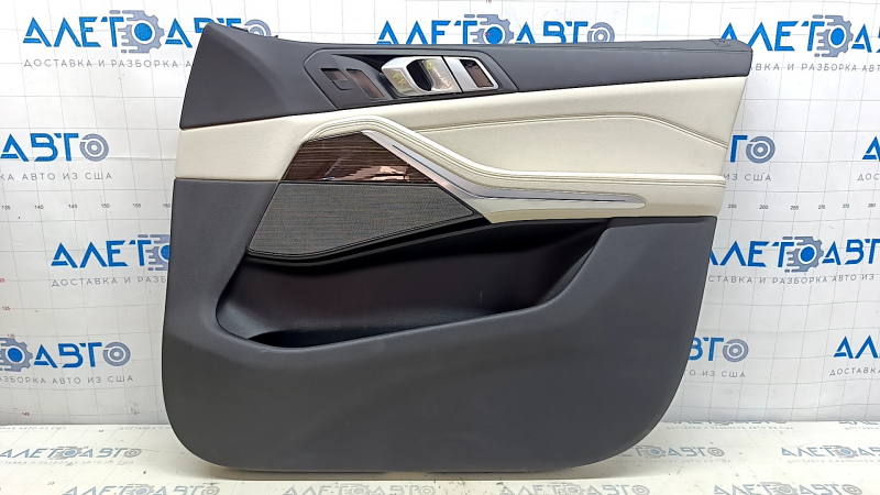 Door trim card front right BMW X5 G05 19-23 leather schwarz/Canberra-Beige, Fineline Stripe wood insert, armrest leather beige, with handle and pads, for massage, dented, pokes
