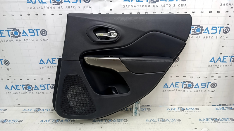 Jeep Cherokee KL 19-22 rear right door panel, black with black leather insert, black leather armrest with white stitching, gray molding, with handle, scuffs, scratches