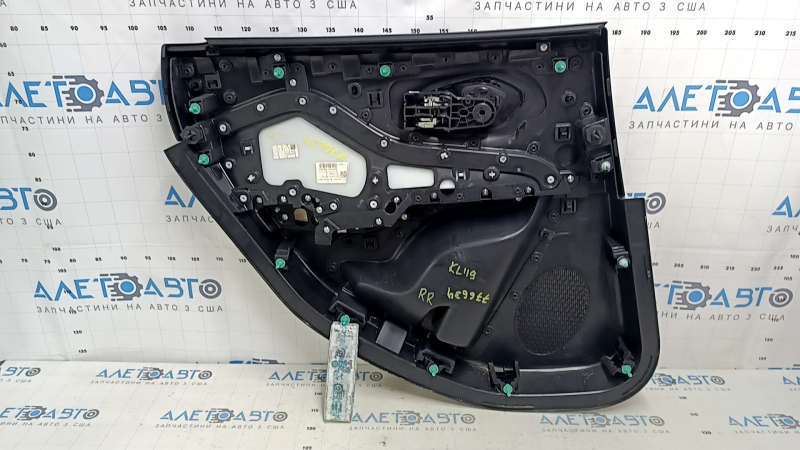 Jeep Cherokee KL 19-22 rear right door panel, black with black leather insert, black leather armrest with white stitching, gray molding, with handle, scuffs, scratches