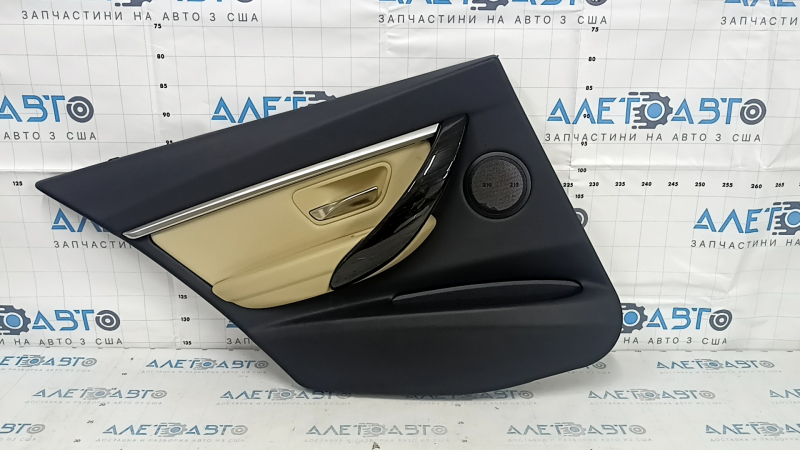 Door trim, rear left, BMW 3 F30 12-18, black, dark wood trim Fineline, beige leather insert, with gray molding and lighting, with handle, dent, scratches