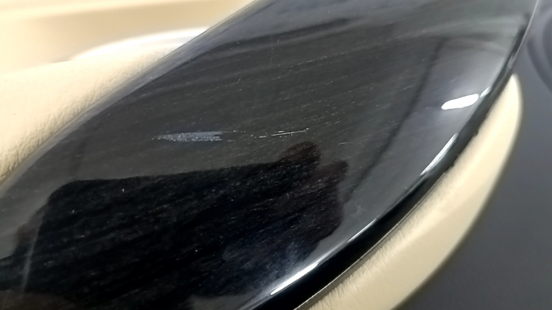 Door trim, rear left, BMW 3 F30 12-18, black, dark wood trim Fineline, beige leather insert, with gray molding and lighting, with handle, dent, scratches