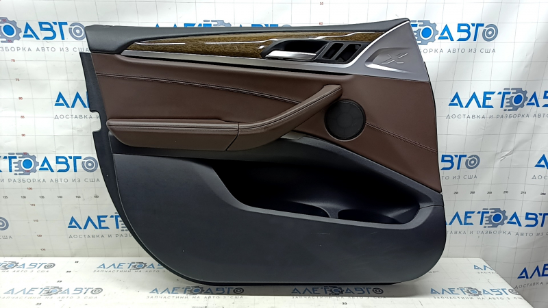 Front left door panel for BMW X3 G01 18-21 Vernasca Mokka leather, Vernasca Mokka leather armrest, dark oak insert, with backlight, with handle and overlays, scratches