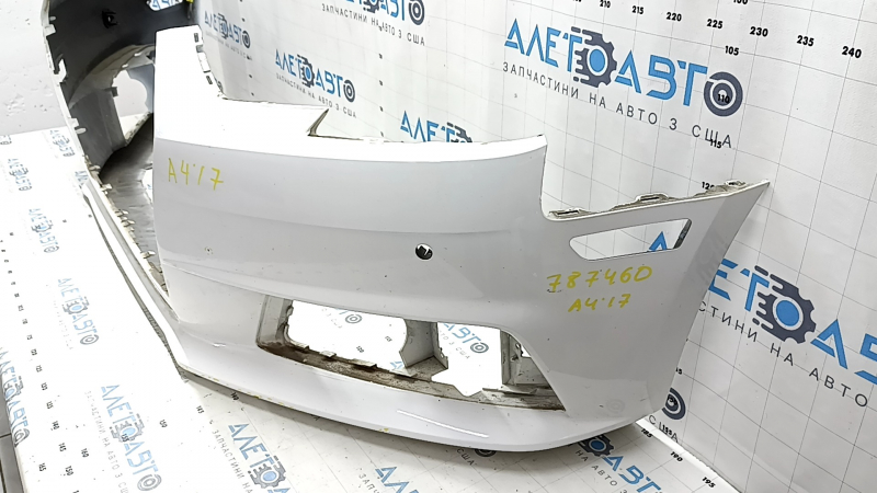 Bare front bumper Audi A4 B9 17-19 without washers, for 4 parking sensors, white, without plug, scratches, broken fasteners,