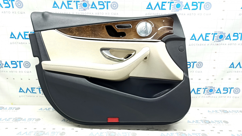 Door trim, front left, Mercedes W213 E 17-23, black leather, beige leather insert, beige leather armrest, without curtain, wood insert, Burmester, with overlays and handle, butt, dented