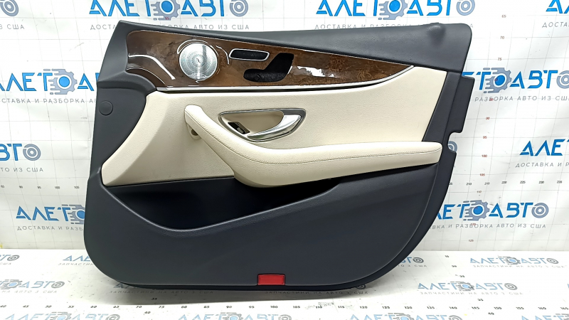 Door trim, front right card, Mercedes W213 E 17-23, black leather, beige leather insert, beige leather armrest, without curtain, wood insert, Burmester, with overlays and handle, tears, scratches