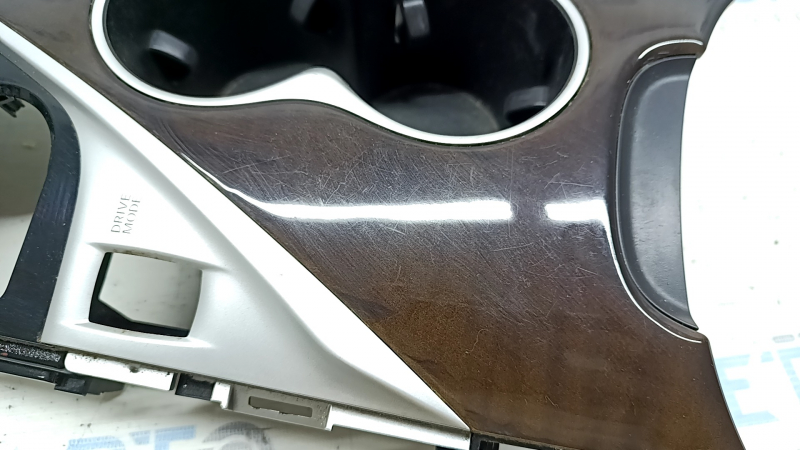 Infiniti Q50 17-20 center console trim with cup holders, wood grain, glossy black, with pocket, with cover, scratches