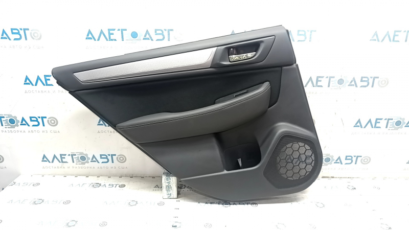Subaru Legacy 15-19 rear left door panel, black with black cloth insert, black leather armrest, gray molding, texture, abrasions