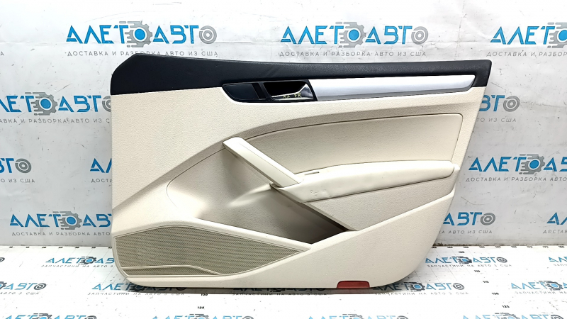 The front right door panel of the VW Passat b7 12-15 USA is beige, with a beige insert, the armrest is beige, dented, the fasteners are broken