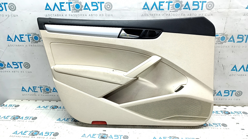 Front left door panel for VW Passat b7 12-15 USA, beige with beige leather insert, leather armrest, glossy gray molding, dents, scratches, dry-cleanable