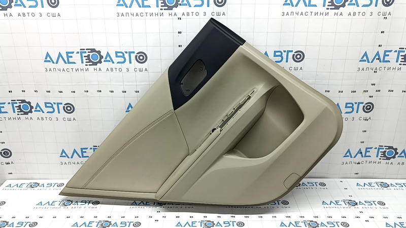 Rear left door panel for a 13-17 Honda Accord, beige, armrest and insert, beige leather, needs cleaning, scratches, whitened plastic