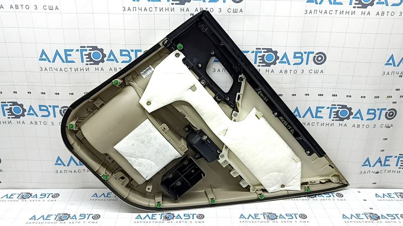 Rear left door panel for a 13-17 Honda Accord, beige, armrest and insert, beige leather, needs cleaning, scratches, whitened plastic