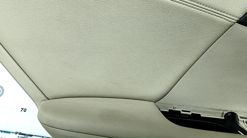 Rear left door panel for a 13-17 Honda Accord, beige, armrest and insert, beige leather, needs cleaning, scratches, whitened plastic