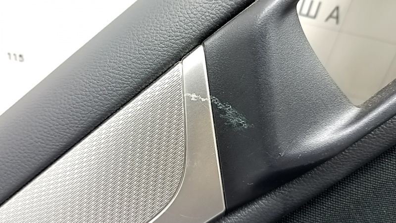 Subaru Outback 15-19 black rear left door panel, black cloth insert, black leather armrest with gray stitching, gray molding, scratches, dents