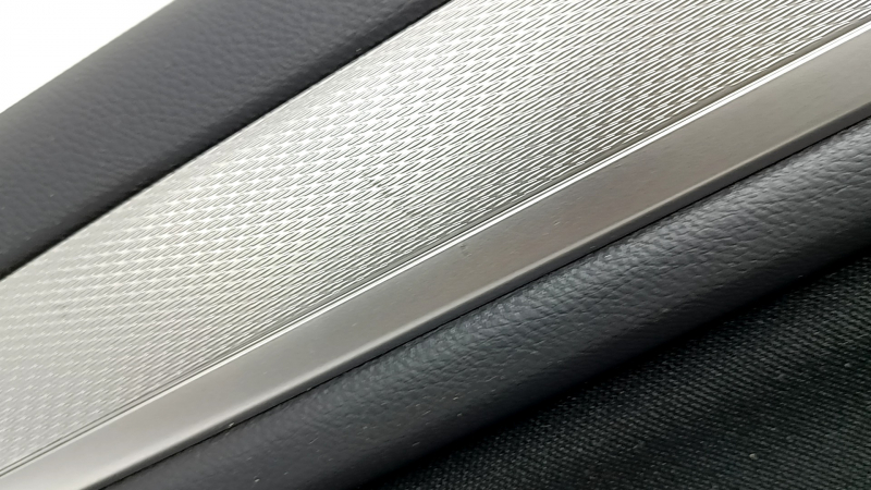 Subaru Outback 15-19 black rear left door panel, black cloth insert, black leather armrest with gray stitching, gray molding, scratches, dents