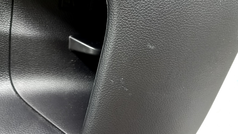 Subaru Outback 15-19 black rear left door panel, black cloth insert, black leather armrest with gray stitching, gray molding, scratches, dents