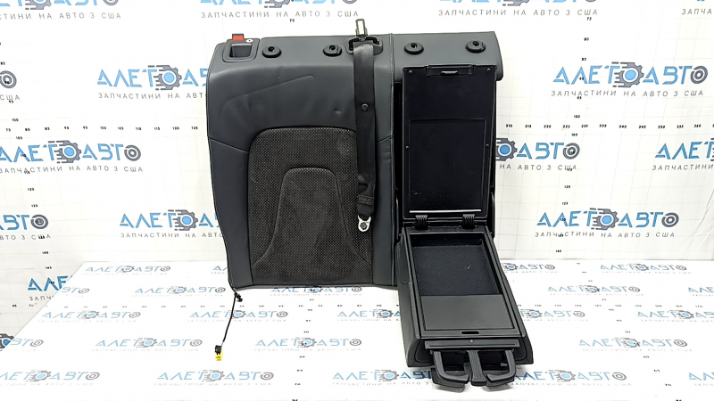Right rear seat back with armrest, Audi A4 B8 13-16, black leather combined with Alcantara, gray stitching, perforation, S-Line, with seat belt, dented, scratched, worn