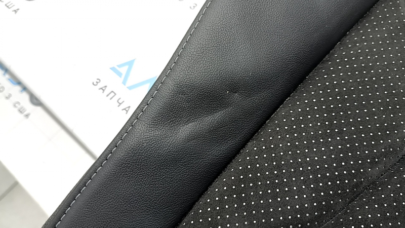 Right rear seat back with armrest, Audi A4 B8 13-16, black leather combined with Alcantara, gray stitching, perforation, S-Line, with seat belt, dented, scratched, worn