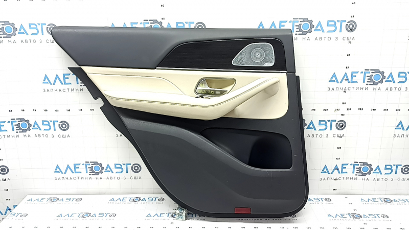 Door trim panel rear left complete Mercedes W167 GLE 350 450 20-23 dark gray, insert and armrest beige leather, molding under dark wood, Burmester, without curtain, scratches, needs cleaning