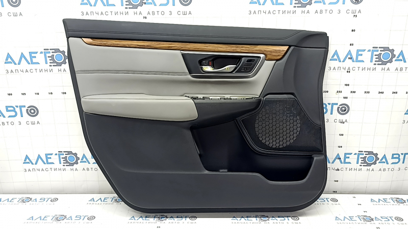 Front left door panel for Honda CRV 17-22, black, gray leather armrest, gray leather insert, wood molding, for seat memory, with handle, worn, needs cleaning