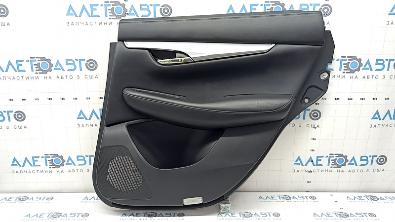 Door trim panel, rear right Infiniti QX50 19-21 black, insert black leather, armrest black leather, gray stitching, molding silver, with handle, scratches, dented, corrosion