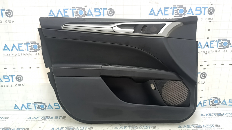 Front left door panel for Ford Fusion mk5 17-20, black with black insert, cloth, leather armrest, gray molding, with handle, scratches