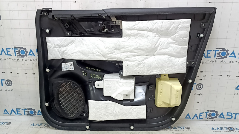 Mitsubishi Outlander 22-25 black front left door panel, armrest and insert, black leather, gray stitching, glossy black molding with chrome, with handle, scratches