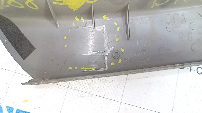 Subaru B10 Tribeca right trunk lid trim, light gray, broken fastener, dent, scratch
