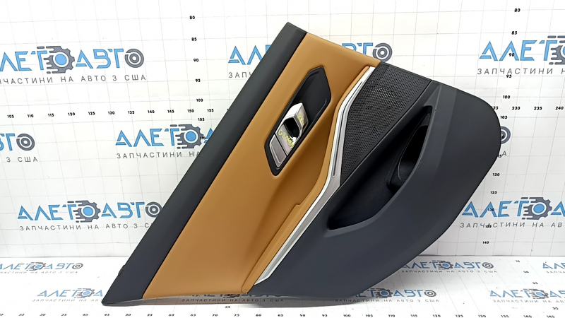 Door trim, rear left, BMW 3 G20 21-25, black, brown COGNAC leather without stitching, with handle and chrome trim, armrest and insert, brown COGNAC leather, with backlight, corrosion, scratch