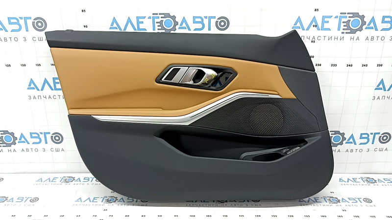 Door trim panel front left BMW 3 G20 21-25 black, brown leather COGNAC without stitching, with handle and chrome trim, armrest and insert brown leather COGNAC, for memory, with backlight