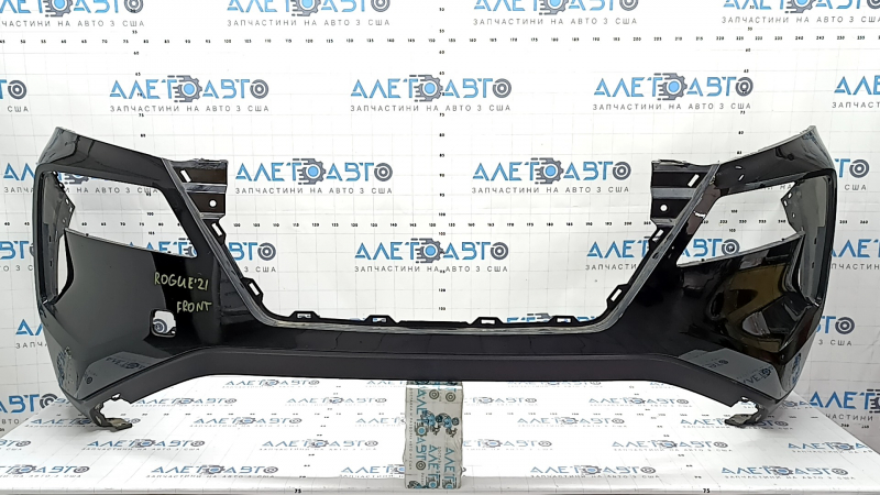 Front bumper, bare, 2021-23 Nissan Rogue, without parking sensors, US built, black, scratches, cracks in the mounts