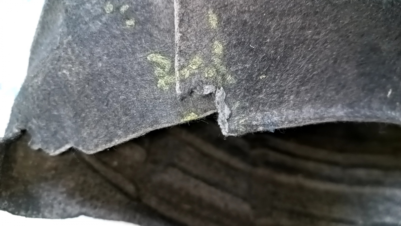 The rear left fender liner of a VW Beetle 12-19 is torn, the fastener is torn, the seam is torn, a fragment is missing