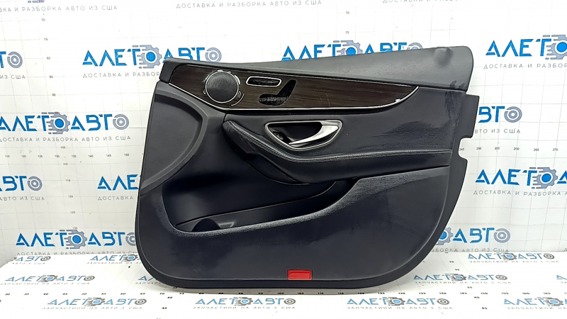 Front right door panel for Mercedes C-class W205 15-21, black leather, wood insert, with handle, black leather armrest, scratches, dents