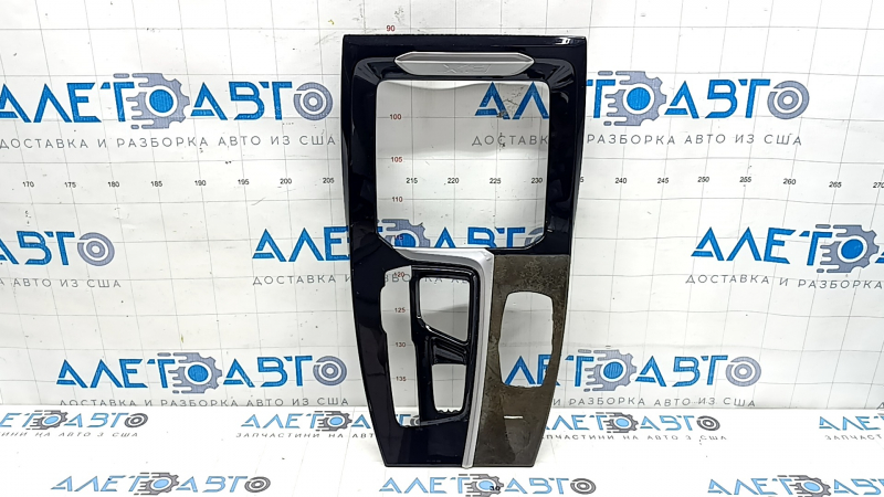 BMW X3 G01 18-21 black center console trim, wood grain insert, gray, with emblem, scratches, swollen chrome, broken fasteners, worn