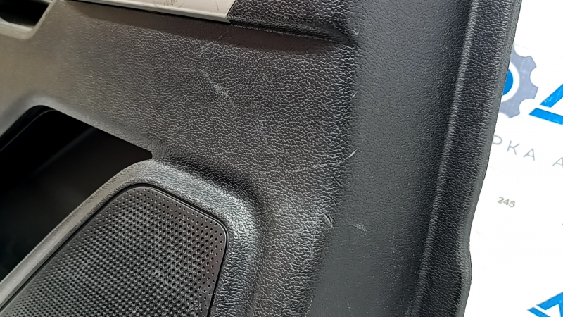 Door trim panel, rear left, Ford Explorer 21-23, black leather, no curtain, XLT, black leather armrest, chrome insert, with handle, scratches, peeling coating