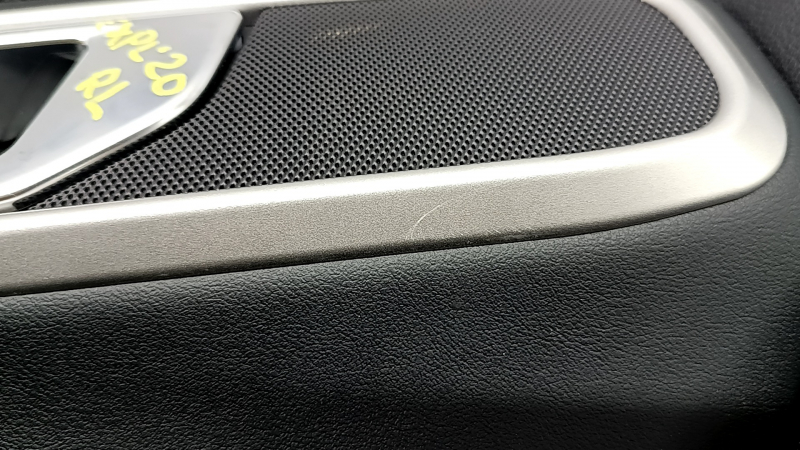 Door trim panel, rear left, Ford Explorer 21-23, black leather, no curtain, XLT, black leather armrest, chrome insert, with handle, scratches, peeling coating