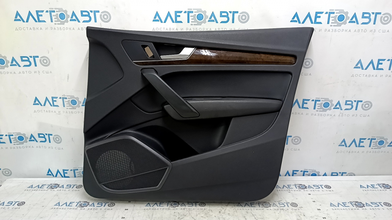 Front right door panel for Audi Q5 80A 18-20 black leather, wood molding, with handle, armrest and insert black leather, scratches