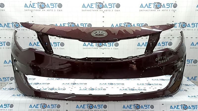 Kia Optima 16-18 USA built bare front bumper, burgundy, broken fasteners, dents, scratches