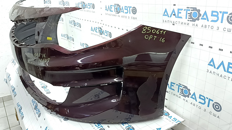 Kia Optima 16-18 USA built bare front bumper, burgundy, broken fasteners, dents, scratches