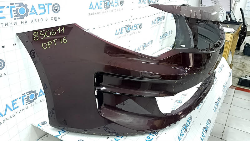 Kia Optima 16-18 USA built bare front bumper, burgundy, broken fasteners, dents, scratches