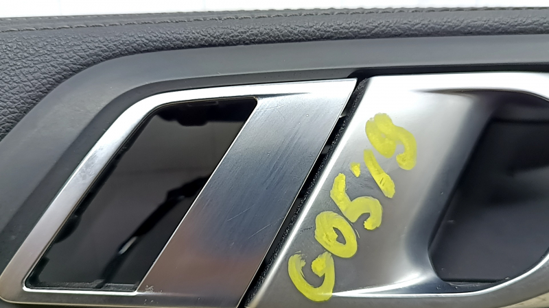 Door trim, front left, BMW X5 G05 19-23, black/Canberra-Beige leather, Fineline Stripe wood insert, beige leather armrest, with handle and overlays, with backlight, stains, scratches