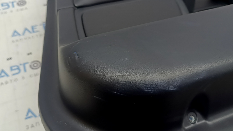 Door trim, rear right card, Lincoln MKZ 17-20, black with black leather insert, black leather armrest, light wood molding, glossy, with backlight, tear, dents, scratches, burrs, crepe break