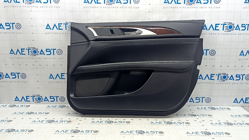 Door trim card front right Lincoln MKZ 17-20 black with black insert leather, armrest black leather, insert light wood gloss, with backlight, with handle, scratches, tears, dented, under black