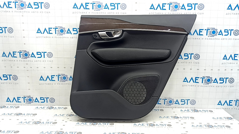 Door trim panel, rear right, Volvo XC90 16-23, black leather, wood insert, without curtain, scratches, tears