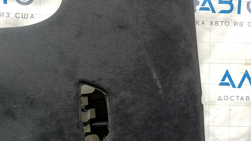 Tesla Model X 22-25 black Alcantara headliner with speaker grilles, creases, scratches, and scuffs