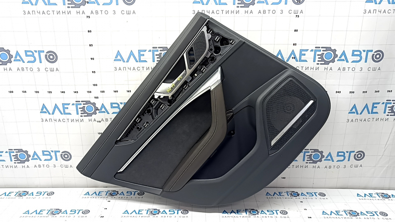 Door trim panel rear left complete Audi A6 C8 19-21 dark gray under the curtain, insert black Alcantara, armrest brown leather, upper leather dark gray, molding chrome with backlight, Bang & Oluf