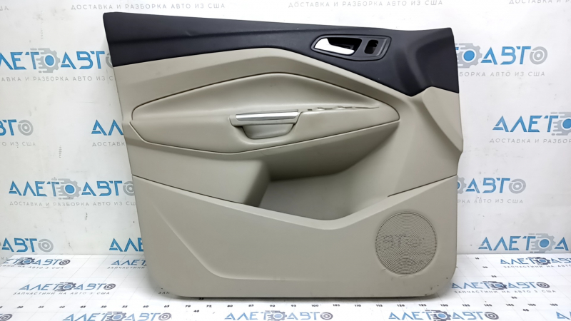 Front left door panel for Ford Escape MK3 2017-2019, beige and black, beige plastic insert, black leather trim, beige leather armrest, with chrome handle, with handle, scratches, crack