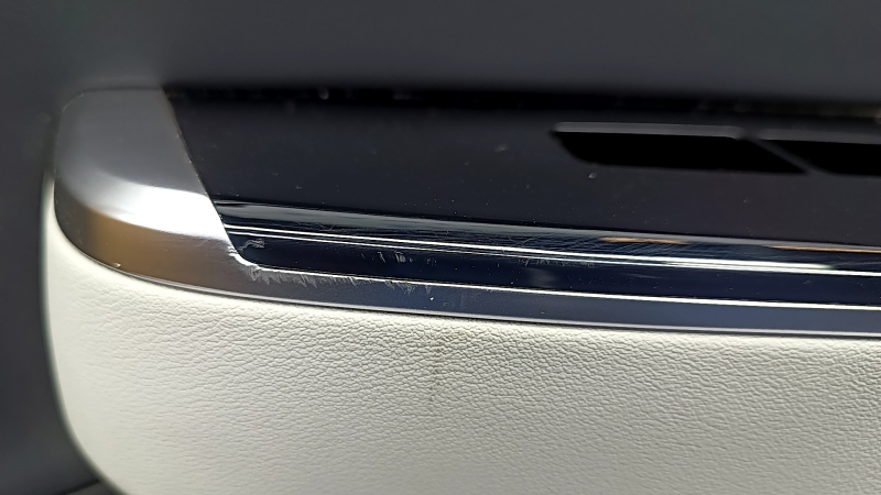 Kia EV6 22-24 black and gray GT-Line front right door panel trim with glossy black trim and chrome molding, with lighting, Meridian trim, wiring, and lighting unit, scratches