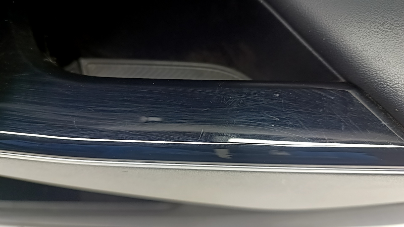 Kia EV6 22-24 black and gray GT-Line front right door panel trim with glossy black trim and chrome molding, with lighting, Meridian trim, wiring, and lighting unit, scratches