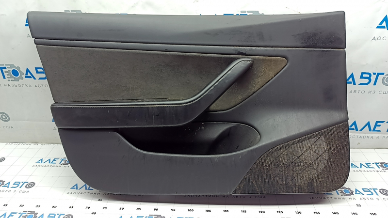 Tesla Model 3 18-20 front left door panel, black leather, Alcantara insert, leather armrest, power window control and door opening button, glossy black, tear, dry cleanable