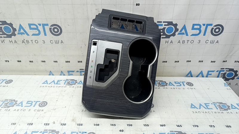 Center console trim with cup holders for Toyota Camry v50 12-14 USA, gray wood grain, no cap, scratches, scuffs